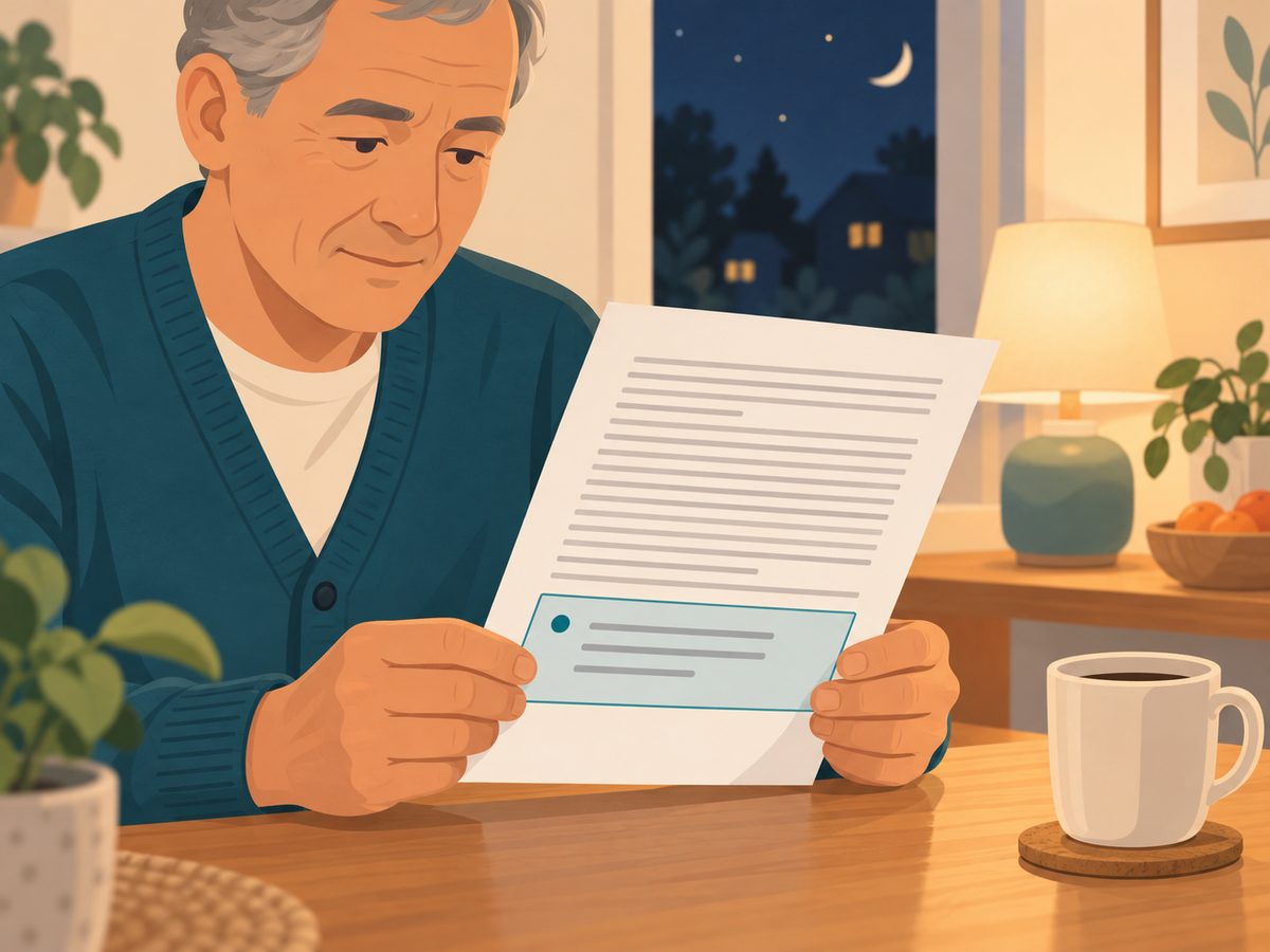 An illustrated man in a teal cardigan reading a printed medical report at a kitchen table in the evening, with a highlighted summary box at the bottom of the page