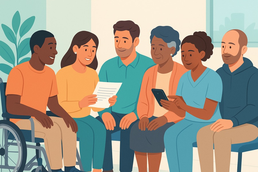 An illustrated group of patients, caregivers, and a healthcare worker sitting together, one using a wheelchair, one holding a phone